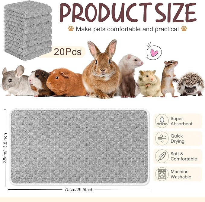 Moukeren 20 Pcs Guinea Pig Fleece Bedding Blankets Bulk Washable Small Animal Fleece Cage Liners Pet Sleeping Mat Cover for Hamster Chinchilla Rabbit Hedgehog (14 x 30 Inch,Cloud Style,Gray)