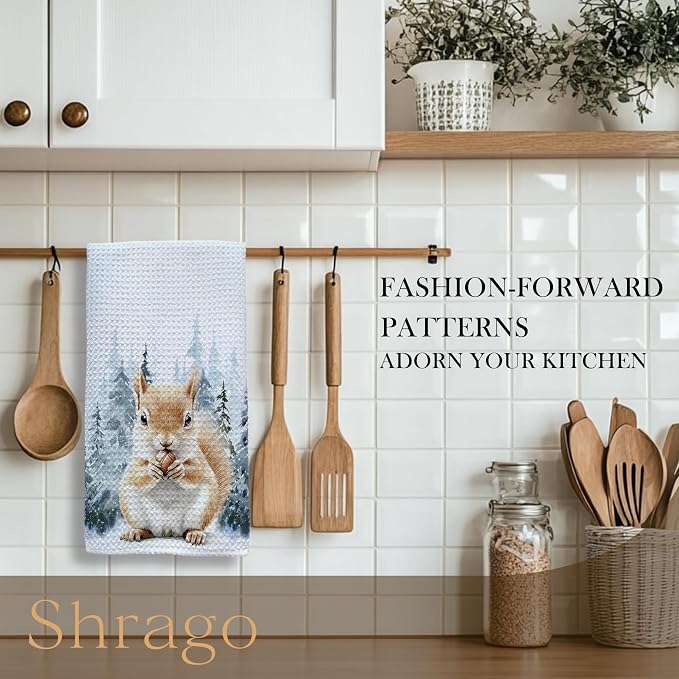 Winter Christmas Squirrel Kitchen Towels, Gifts for Squirrel Lovers Dish Tea Towels for Kitchen, Winter Pine Tree Forest Decorative Hand Towel for Kids Bathroom Decor, 16x24 Inch