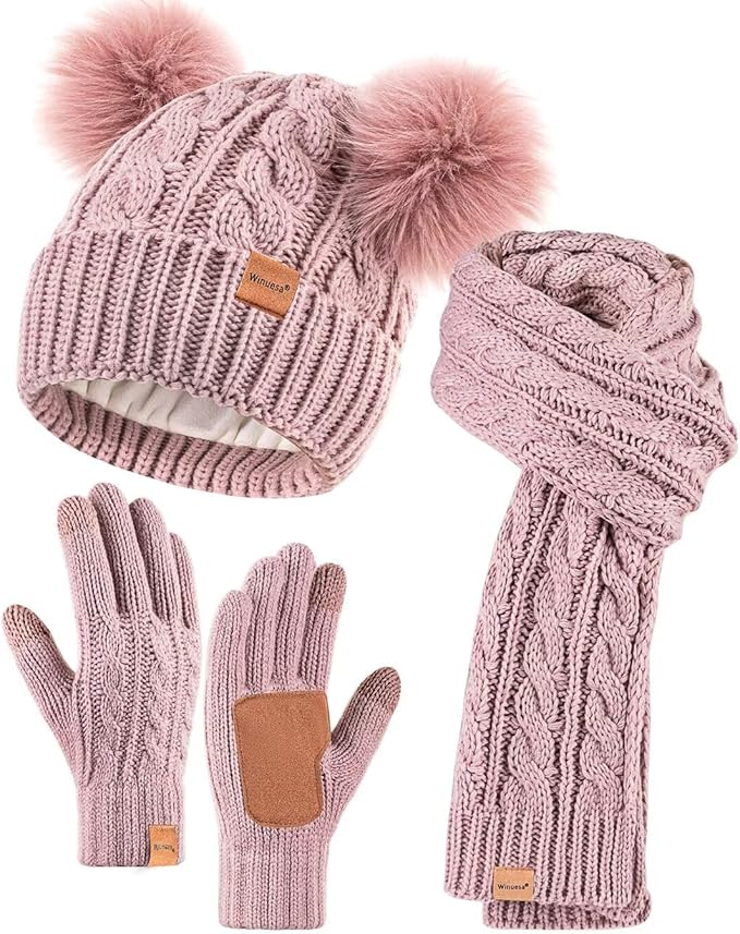 Winter Hat Scarf Glove Set for Women, Fleece Lined Beanie with Double Pom Pom, Touchscreen Gloves Knit Scarf for Cold Weather