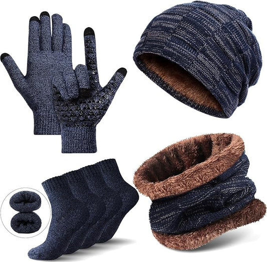 Winter Fleece Lined Beanie Hat Scarf Sock Touchscreen Gloves Set for Men Women