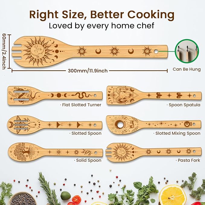 CUTHOLLOW 6PCS Magic Element Wooden Kitchen Cooking Utensil Set, 11.9in Non Toxic Bamboo Wood Spoon Set for Cooking, Best Housewarming Birthday Thanksgiving Christmas Gift for Women Mother