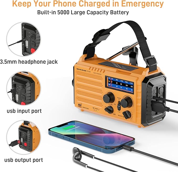 Emergency Radio with NOAA Weather Alert, 5000mAh Solar Hand Crank Portable AM/FM Shortwave Radio, Rechargeable Battery Powered, USB Charger, Flashlight, SOS Alarm for Home Outdoor Survival
