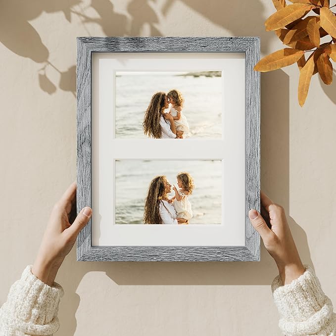 Vittanly 8x10 Collage Picture Frame, Displays 2Pcs 4x6 Pictures with Mat or 1Pcs 8x10 without Mat, Photo Frame for Wall Mounting or Table Top with Stand, Grey, 1 Pack