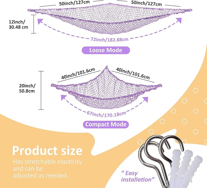 Stuffed Animal Net Hammock for Plushie Toys, Stuffed Animal Hammock Corner for Kids' Room Decor, Ideas for Organizing Stuffy Collection, 1 Pack, Purple