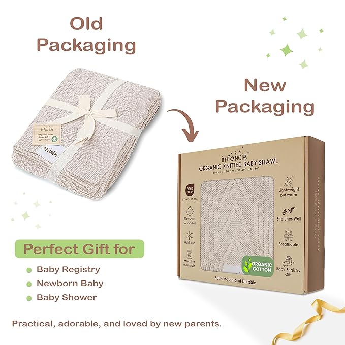 Organic Cotton Baby Blanket - 31.5 x 43.3 Inches, Soft Knitted Crib Blanket for Boys & Girls, Breathable Design (Beige)