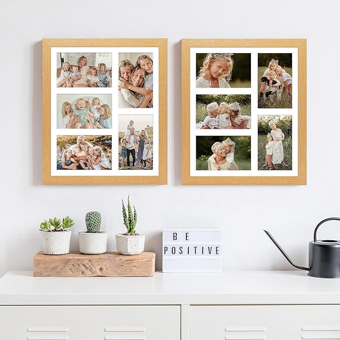 11x13 Collage frame with 5 Openings 4X6 Pictures, Multiple Picture Frame with Mat, Wall or Tabletop Decor, Natural Wood Grain,2 Pack