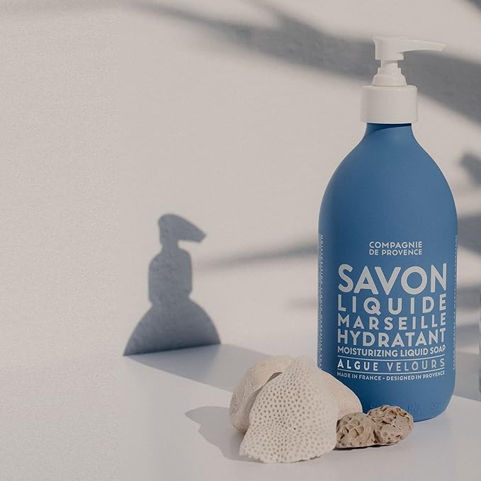 Compagnie de Provence Savon de Marseille Extra Pure Liquid Soap - Velvet Seaweed - 16.7 Fl Oz Glass Pump Bottle and 33.8 fl oz Plastic Bottle Refill