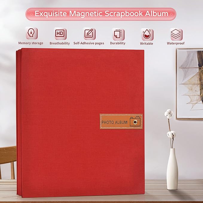 Popotop Large Photo Album Self Adhesive 4x6 5x7 8x10 Scrapbook Album DIY Picture Book,Gifts for Mom,Family Baby and Wedding,with Metal Pen and Plastic Board