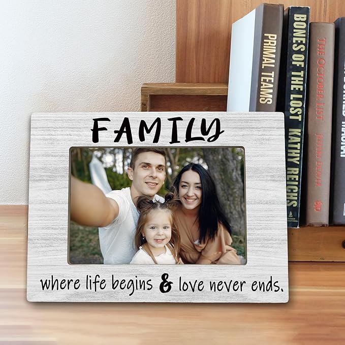 Family 4x6 Picture Frame, Family Reunion Gifts Photo Frame, Where Life Begins Love Never Ends Wooden Picture Frames for Wall or Tabletop Display