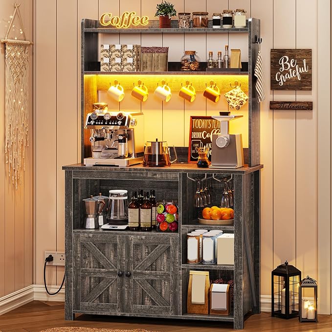 Itaar Coffee Bar Cabinet, Bakers Rack with Power Outlet and Storage, Farmhouse Microwave Stand Kitchen Cabinet with Hutch, LED Lights, Wine Glass Holder and 8 Hooks (Grey)