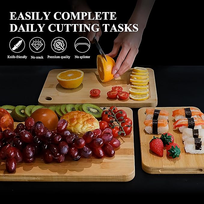 Bamboo Cutting Board Set of 3 for Kitchen, Chopping Boards with Juice Groove & Built-in Handles, Perfect for Meat, Vegetables, Fruits, Kitchen Gift for Home Cooks & Chef, Light Yellow