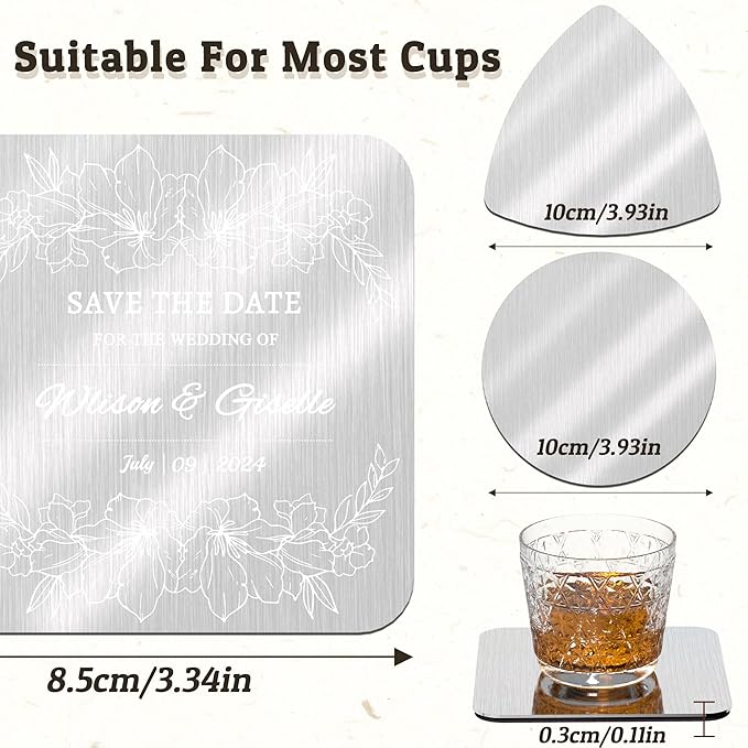 Personalized Coasters,Stainless Steel Coaster with Sponge Bottom,Engraved Drink Coasters with Logo/Name, Modern Coasters for Restaurant, Bar, Housewarming or Wedding Gift, Set of 6 (Silver, Triangle)