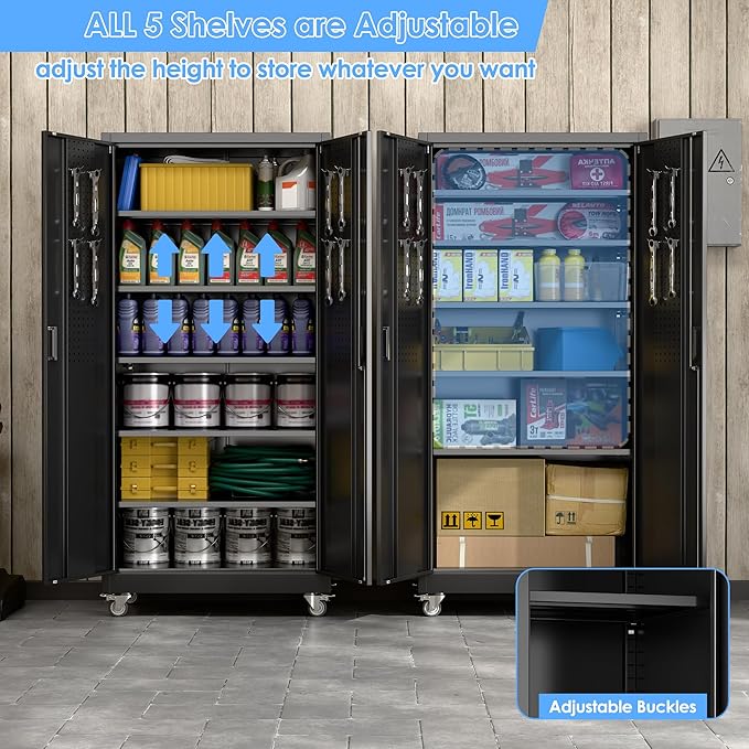 Garage Storage Cabinet with Wheels, Metal Storage Cabinet with 5 Adjustable Shelves and Pegboard for Garage Home Utility Room,Required Assembly,Black，71" H×34" W×18" D