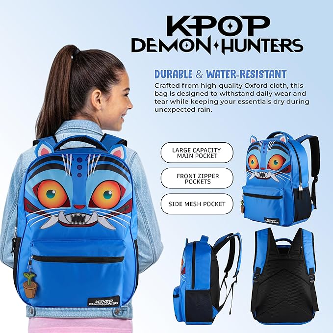 AI ACCESSORY INNOVATIONS K-Pop Demon Hunters 16” Backpack for Girls, Featuring a Big Face Derpy with 3D Ears and Embroidery, Rubber Molded Bag Charm, Derpy