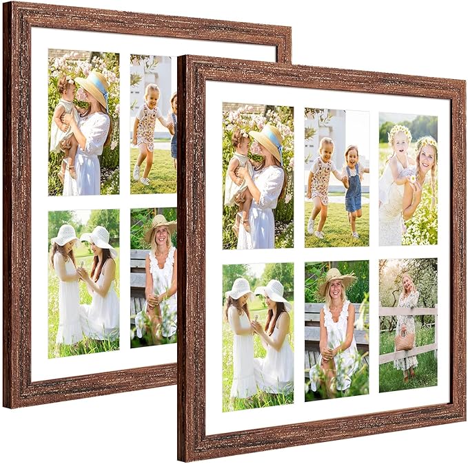 13x13 Collage frame with 6 Openings 4X6 Pictures, Multiple Picture Frame with Mat, Wall or Tabletop Decor, Carbonized Brown Wood Grain,2 Pack