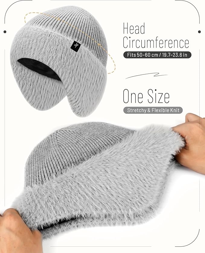 Winter Fleece-Lined Beanie with Earflaps, Warm Windproof Unisex Beanie Hat for Skiing, Hiking & Outdoor Winter Sports