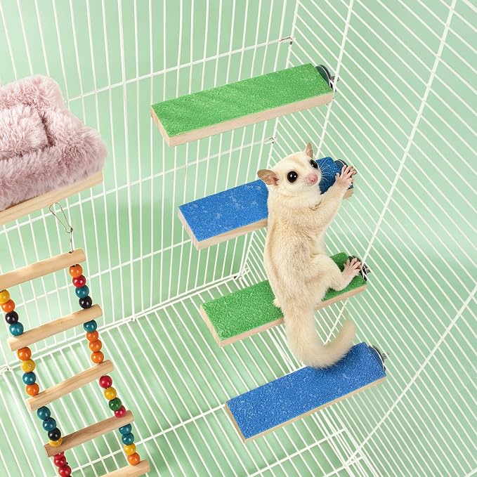 Mygeromon Sugar Glider Toy Climbing Steps Rat Cage Platform Accessories | Wood, 4 Pcs, Small Animal, Squirrels, Chinchillas Enrichment Supplies, Blue, Green