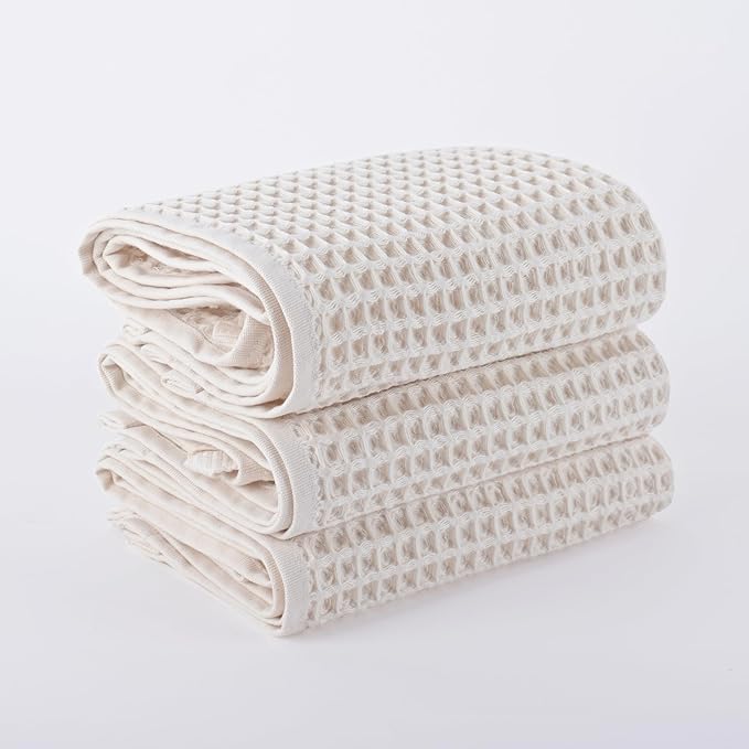 PÜSKÜL - Set of 3 Organic Waffle Hand Towel Natural Raw - Premium Quality, 100% Turkish Cotton, Soft, Quick-Dry, Absorbent, Lint-Free Face Kitchen Hand Towels (Natural Beige, Hand Towels - Pack of 3)