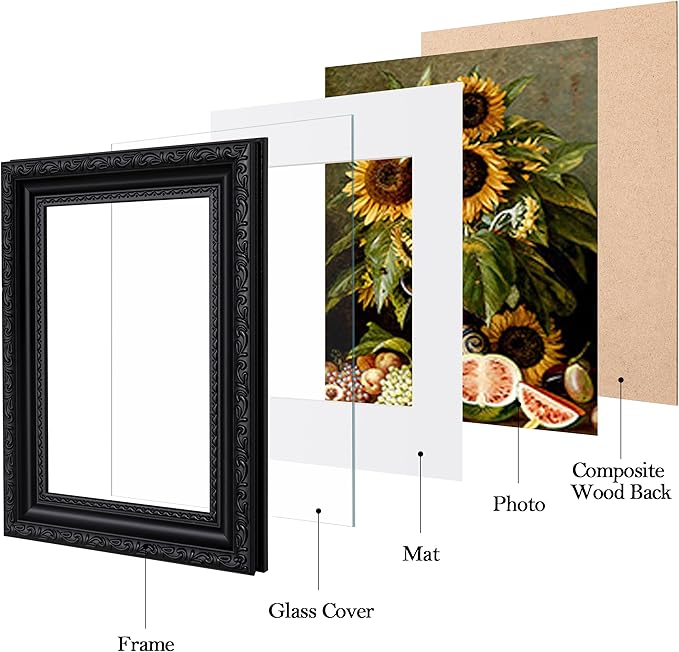 eletecpro 8x10 Picture Frames Set of 4, Vintage Photo Frame with Glass, Frames 8 x 10 Display 5x7 Photo with Mat or 8x10 without Mat for Tabletop or Wall Decor, Black