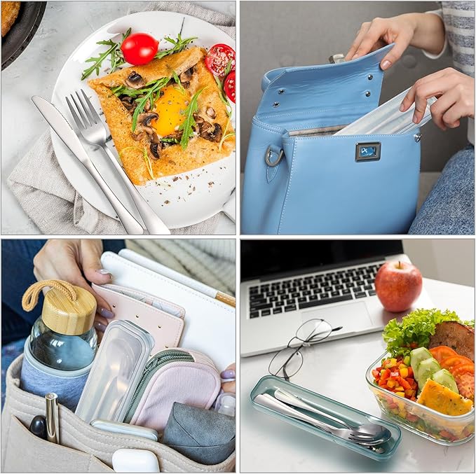 Yinkin 4 Pack Portable Travel Utensils Set with Case Reusable Stainless Steel Silverware Flatware Camping Cutlery Include Fork Spoon Knife for Work School Dishwasher Safe(Blue Color Series)