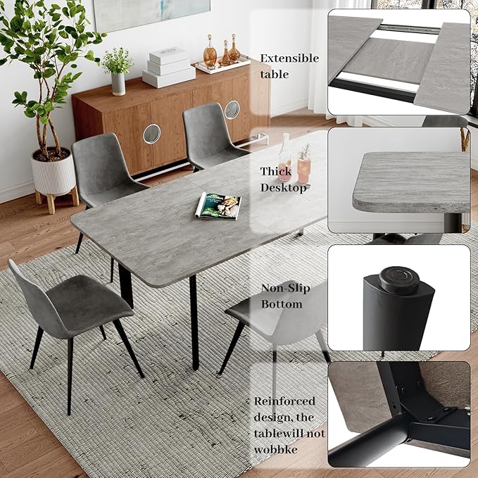 63"- 78.7" Extendable Dining Table Set for 8, Modern Kitchen Table with Dining Chairs for 6-8 Person, Thickened Expandable MDF Wooden Table with Metal Legs for Dining Room, Kitchen