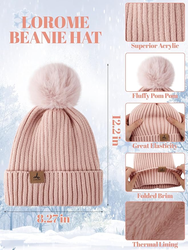 LOROME Women Winter Beanie Hat Scarf Gloves Set, Fleece Knitted Pompom Hat Warm Neck Scarf Touchscreen Gloves Winter Gift