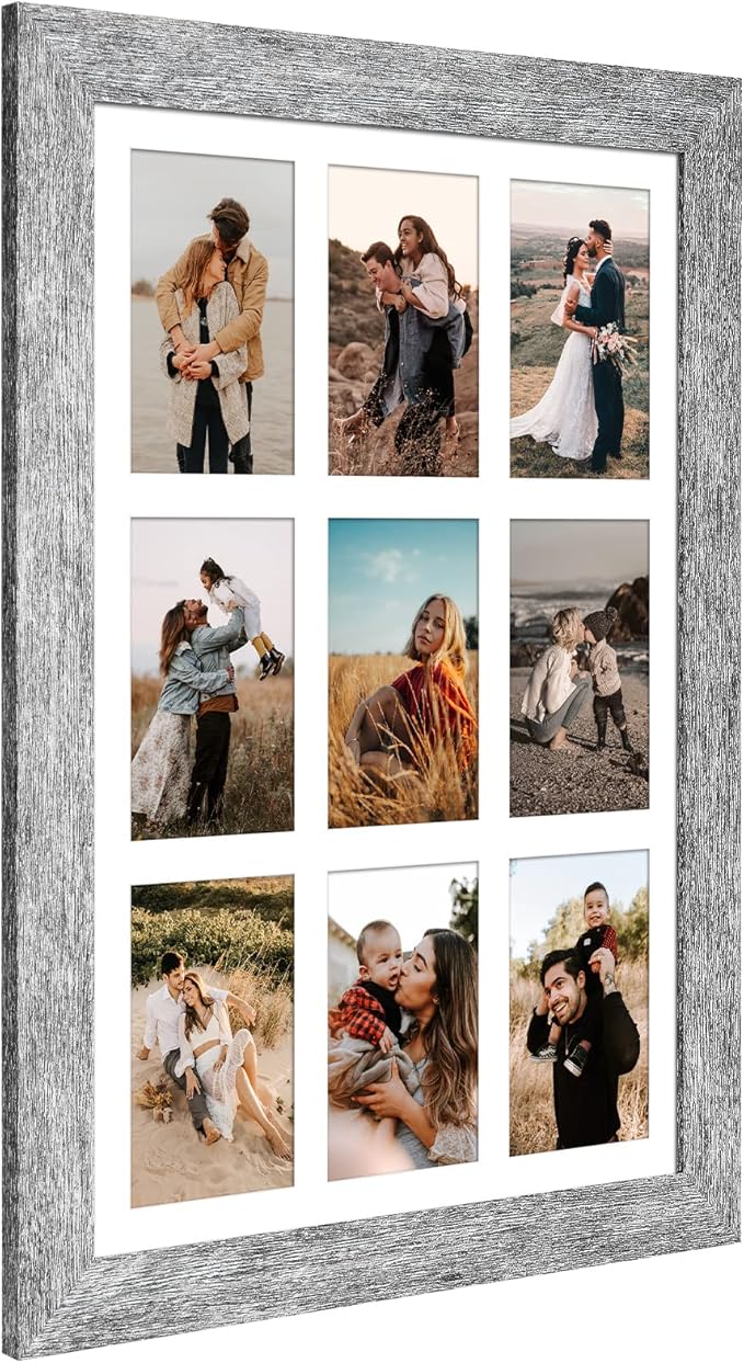 13.5x19.5 Picture Frame Display 9 opening 4X6 Picture Frame Collage,Multi Photo Frame with Mat,Plexiglass,Wall or Tabletop Decor,Grey Wood Grain