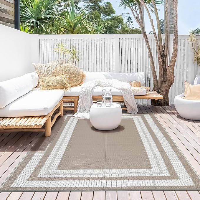 Waterproof Plastic Straw Outdoor Rug 9x18 Patio Reversible UV Resistant Foldable Camping Carpet Modern Border Large Outdoor Rugs for Deck, Picnic, Porch, Camper, Balcony, Beach，Light Brown