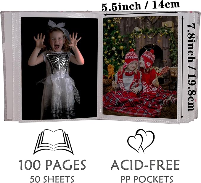 Kids Photo Album, 100 Pockets 5x7 Picture Album, Slip-in Linen Cover Photo Album Book for Boys, Girls, Family(Bunny)