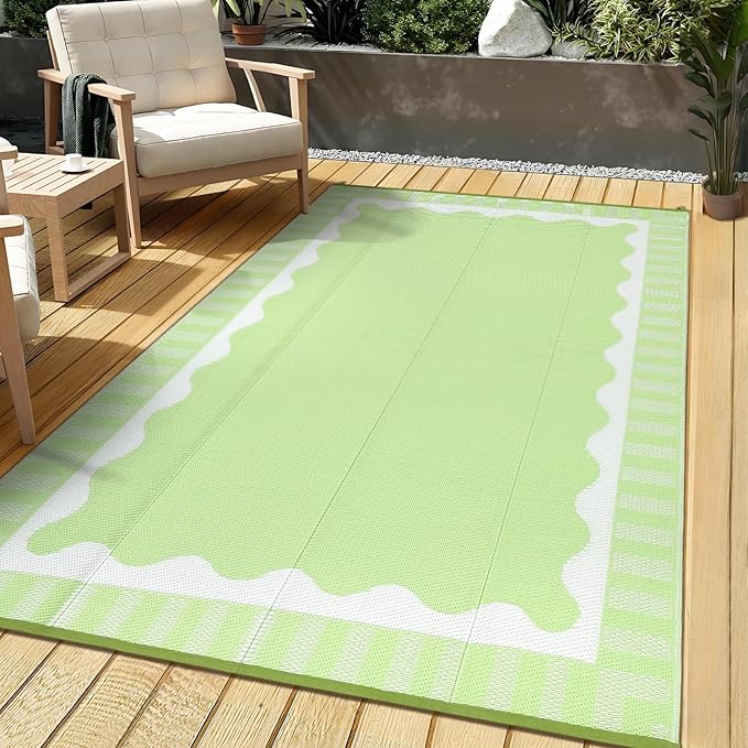 9x12 Outdoor Rug Waterproof Foldable Plastic Straw Carpet for Patio Porch Scalloped Border Reversible Mat Lightweight Floor Mat for Picnic, Rv, Beach, Deck, Camper, Balcony，Light Green