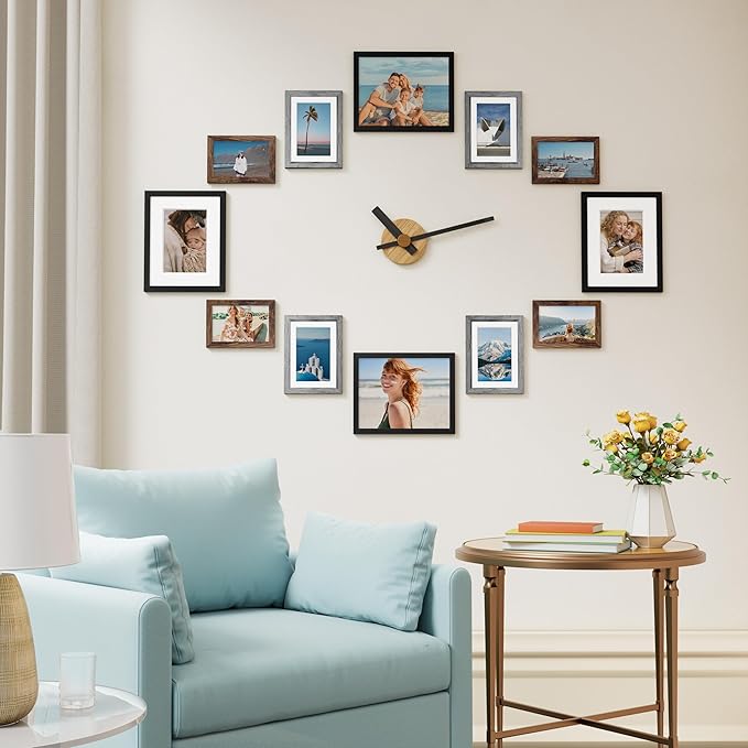 Vittanly 12 Pack Picture Frames Collage Wall Decor for Mounting or Tabletop Display, Gallery Wall Frame Set for Family, Multi Sizes Including 4pcs 8x10, 4pcs 5x7, 4pcs 4x6, Black, Brown and Grey