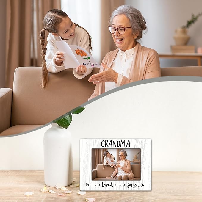 Grandma picture Frame,White Wood Sentiments “Forever Love Never Forgotten” Picture Frame, Thoughtful Photo Gift for Grandma, Elegant Tabletop and Desk Display