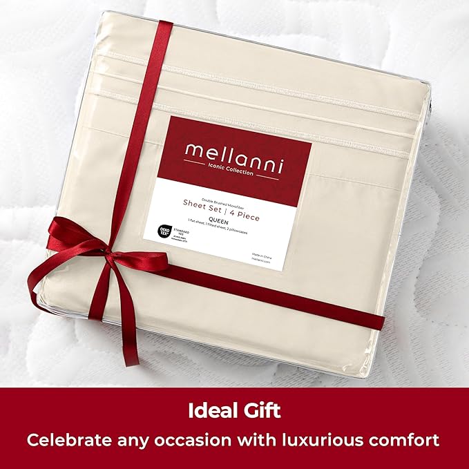 Mellanni Extra Deep Twin Sheets - 3 PC Iconic Collection Bedding - Hotel Luxury, Ultra Soft, Cooling Bed Sheets - Wrinkle, Fade, Stain Resistant (Twin, Golden Ivory)