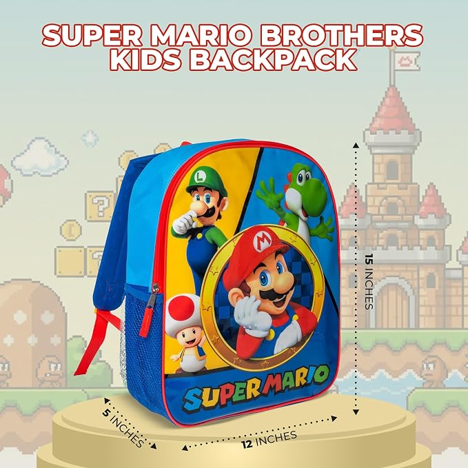 AI ACCESSORY INNOVATIONS Super Mario Brothers Kids Backpack, Mario, Luigi, Bowswer, Yoshi 15" Girls & Boys School Bag, Blue