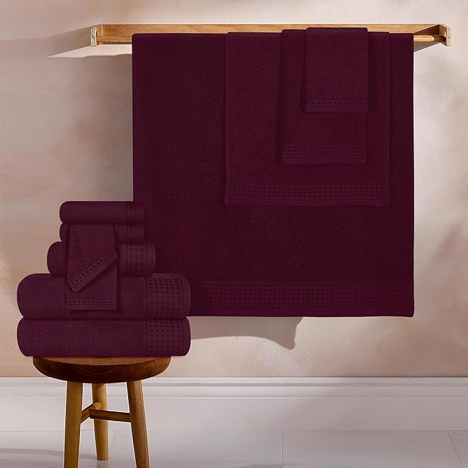 GLAMBURG Towels for Bathroom, 100% Cotton Towel Set, Contains 8 Soft Bath Towel, 8 Hand Towels, 8 Wash Cloths - Compact Absorbent Lightweight & Quickdry - 24 Piece Bathroom Towel Set - Burgundy