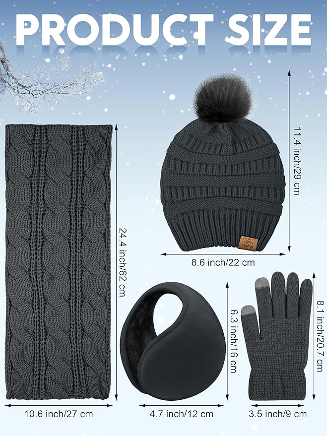 URATOT 4-In-1 Winter Warm Sets Knitted Scarf Touch Screen Gloves Beanie Pompom Hat and Winter Ear Warmer for Men or Women