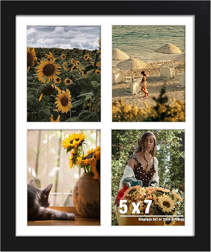 12x16 Picture Frame, 5x7 Collage Picture Frame, Displays Four 5x7 inch Photos, or 12x16 (Without Mat) for Available Horizontal Wall Mounting Display and Vertical, Black.