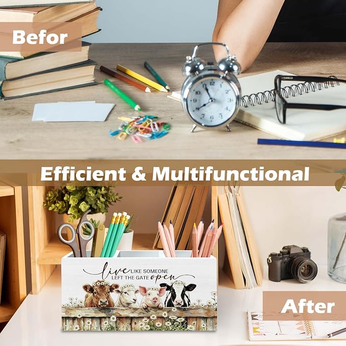 DILSJ Cute Highland Cow Sheep Pen Pencil Holder Organizer for Desk, Highland Cow Gifts, Live Like Someone Left The Gate animals Open Wooden Box Signs for Home Office & School Supplies