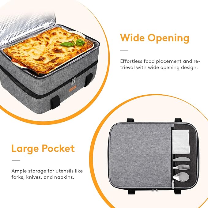 LUNCIA Insulated Double Decker Casserole Carrier, Lasagna Lugger Tote Keeps Food Hot or Cold, Thermal Lunch Bag for Potluck Parties, Picnic and Cookouts, Fits 9" x 13" Baking Dish, Grey