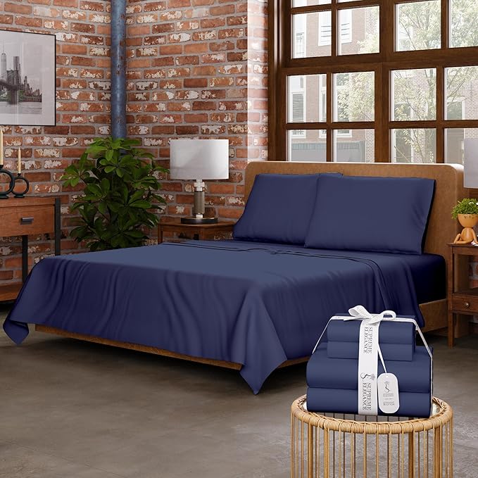 SUPREME ELEGANCE Organic 100% Cotton Twin XL Bed Sheet Set – Dark Blue Crisp Percale, Deep Pocket up to 16” – Lightweight, Breathable & Naturally Cooling – Ideal for College Dorm, Soft & Comfy