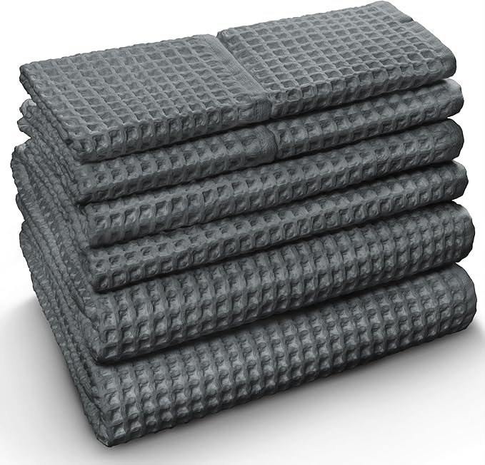 Softerry European Waffle Weave Bath Towel Set - 100% Organic Cotton - Quick Dry Lint Free Thin and Absorbent - Fade Resistant - Eco-Friendly (Set of 8, Space Gray)