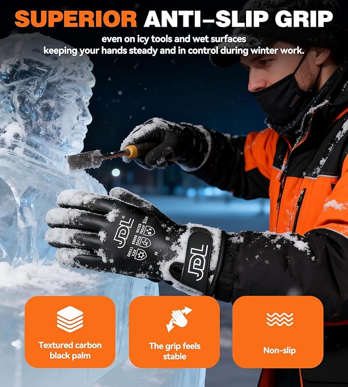 JDL 100% Waterproof Winter Work Gloves for Men & Women, Thermal Insulated Freezer Gloves for Cold Weather, Super Grip Palm