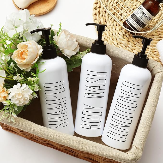 HOMCDALY Shampoo and Conditioner Dispenser, 16oz 3-Pack Refillable Pump Bottles, Shampoo Conditioner Body Wash Dispensers Bottles, Bathroom Shampoo Dispenser Set(White