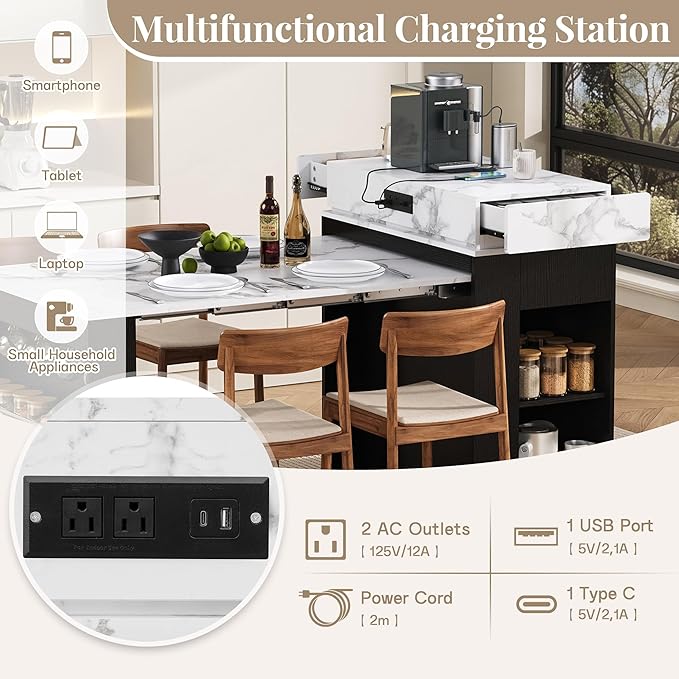 Amposei Kitchen Island with Extendable Dining Table & Power Outlet, 58’’ Breakfast Bar Coffee Station Sideboard Glass Door Storage Cabinet with Drawers, Black & White Marble