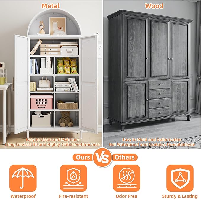 Metal Arched Pantry Cabinet with 6 Adjustable Shelves, Farmhouse Tall Arched Cabinet with 2 Doors for Kitchen，Living Room,White, Assemble Required,15.4" D x 30.7" W x 72.8" H