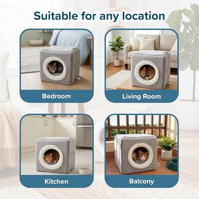 Cat House - Indoor Bed with Removable Foam Cushion - Cat Cave for Puppies, Rabbits, Guinea Pigs, Hedgehogs, and Other Small Animals by PETMAKER (Gray)