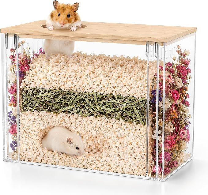 Fully Detachable Hamster Digging Box, Removable Acrylic Panels & Wooden Lid, Extra Deep Clear Panoramic Burrow, Dual-Side DIY Habitat, L Size for Syrian Hamsters, Gerbils, Degus