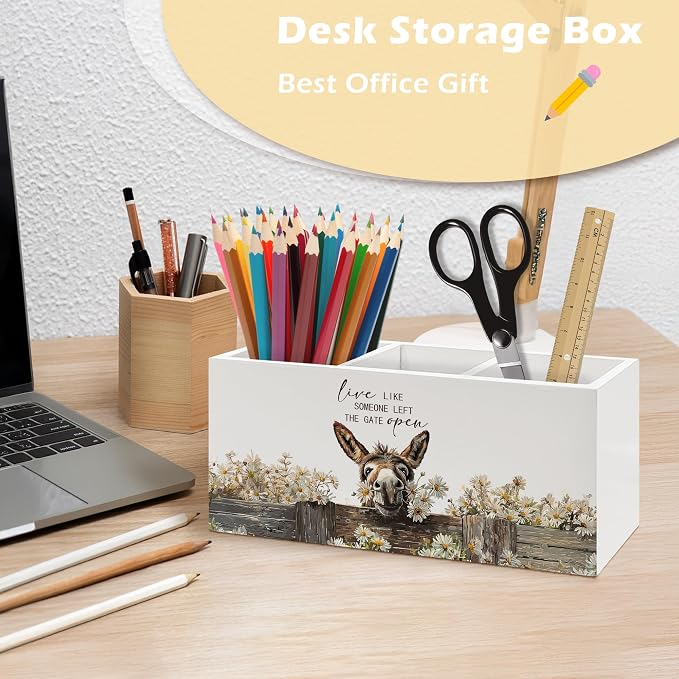 Farmhouse Donkey Pen Holder Organizer Desk Decor, Gifts for Donkey Lovers, Live Like Someone Left the Gate Open Wooden Pen Pencil Holders for Home Office Desk Accessories