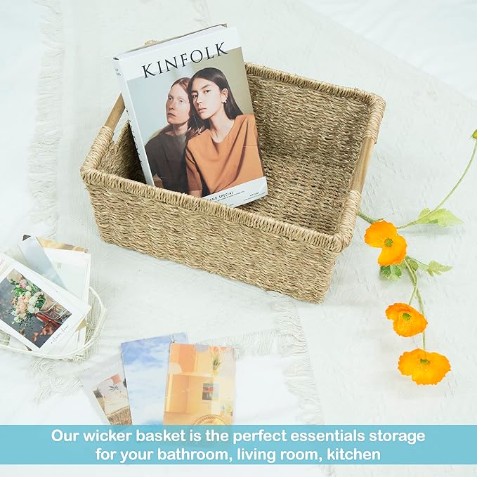 Large Wicker Storage Basket with Wooden Handles, Seagrass Basket for Shelves, Natural Wicker Bin With Handle for Storage 14.5 x 10.3 x 7.5 inches