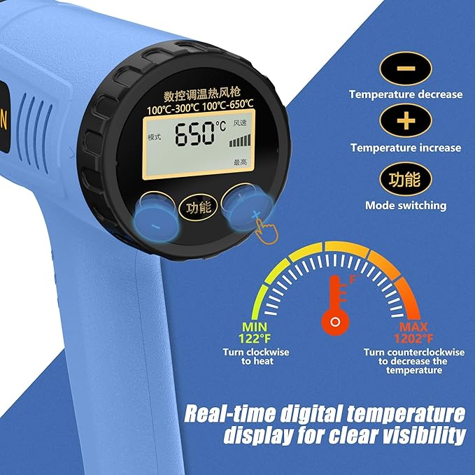 Heat Gun Lcd Digital Display 212 & 1202℉ Dual-Lvel Temperature Control 4 Nozzles Heat Gun' Overload Protection for Crafting, Shrink Tubing, Vinyl Wrap, Shrink Wrap,5Ft Power Cord
